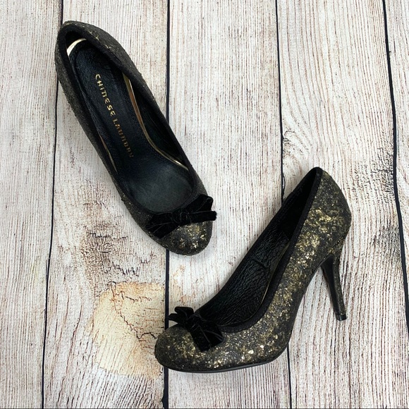 Chinese Laundry Shoes - Chinese Laundry Black & Gold Glitter Heels
